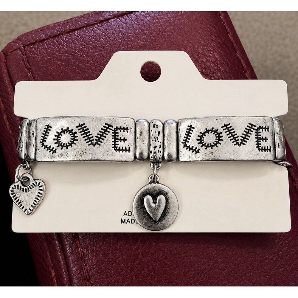 Y2K Boho Heart LOVE Charm Silver Tone Stretch Cuff Bracelet One Size
